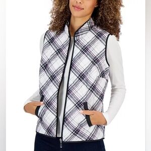 Karen Scott Sport Blossom Plaid  Quilted Puffer Vest With Zipper Like New